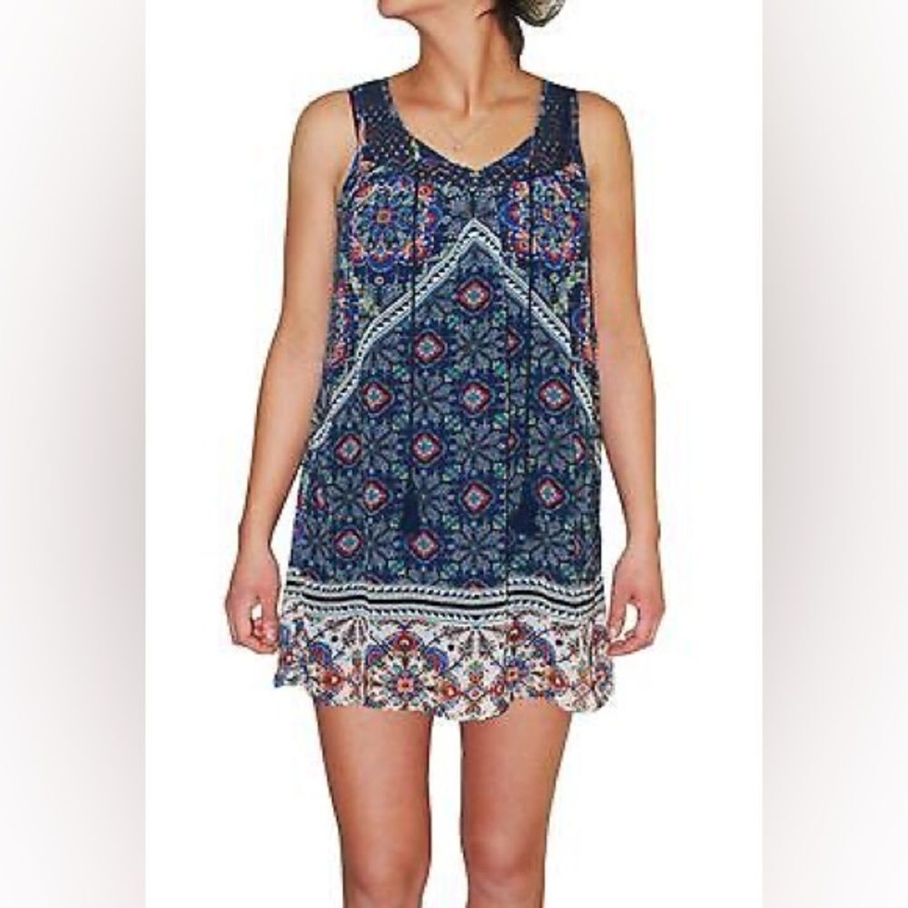 As U Wish Printed Tassel-Tie Peasant Casual Dress (Navy, XS)